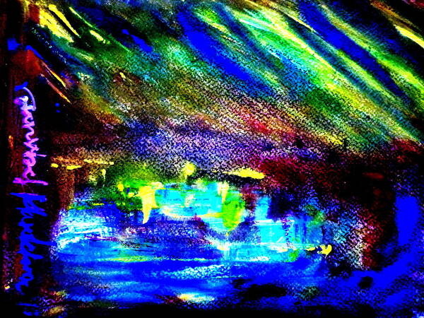 Abstract Art Print featuring the painting Night time of Chaopraya River by Wanvisa Klawklean
