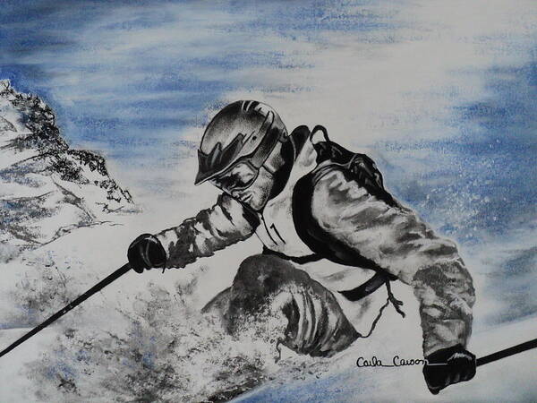 Skier Art Print featuring the drawing No Fear by Carla Carson
