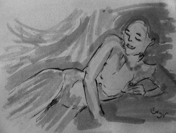 Erotic Art Art Print featuring the painting Nude Acrylic Watercolor of Young Female Figure Reclining on Couch in Monochromatic and Black White by M Zimmerman