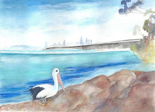 Forster Art Print featuring the painting Pelican at Forster by Pamela Morris