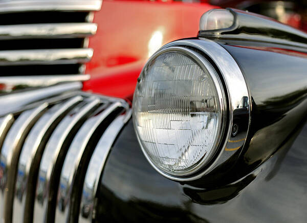 Red Black Chevrolet Pickup Art Print featuring the photograph Pickup Chevrolet headlight. Miami by Juan Carlos Ferro Duque