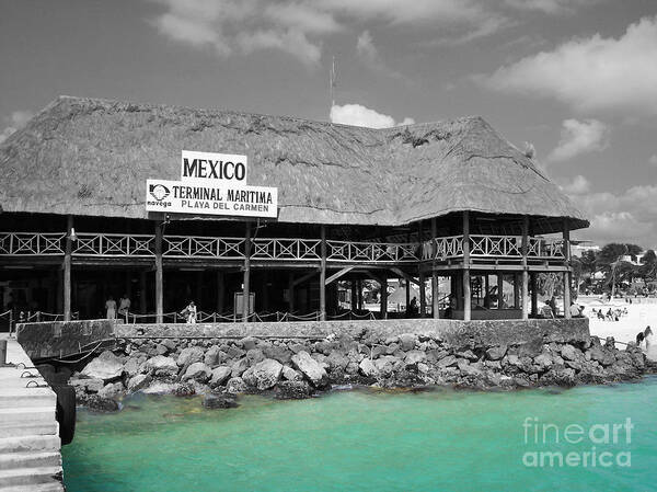 Playa Del Carmen Art Print featuring the photograph Playa del Carmen Mexico Maritime Terminal Color Splash Black and White by Shawn O'Brien