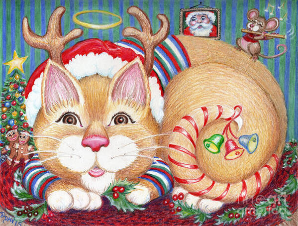 Cat Art Print featuring the drawing Rudolph The Pink Nosed Dear Cat by Dee Davis