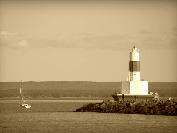 Marquette Art Print featuring the photograph Sailing by the Marquette Presque Isle Lighthouse by Mark J Seefeldt