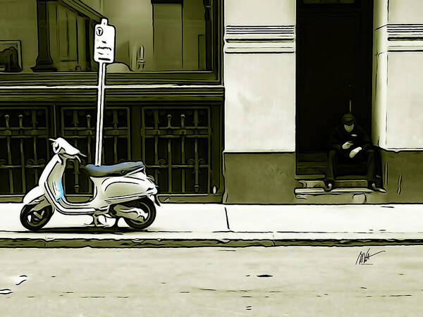 Scooter Art Print featuring the photograph Scooter and Man - Illustration Conversion by Mark Valentine