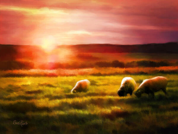 Landscape Art Print featuring the painting Sheep In Sunset by Suni Roveto