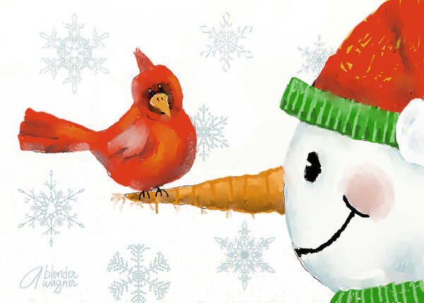 Christmas Art Print featuring the digital art Snowman And The Cardinal by Arline Wagner