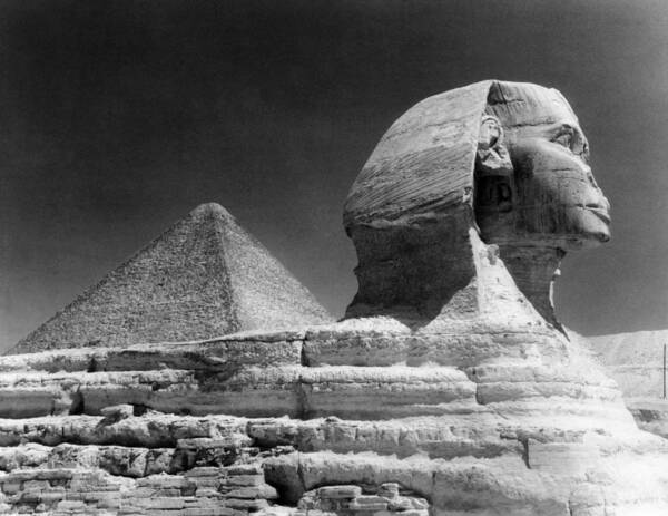 Ancient Art Print featuring the photograph Sphinz And Cheops Pyramid At Giza by Everett
