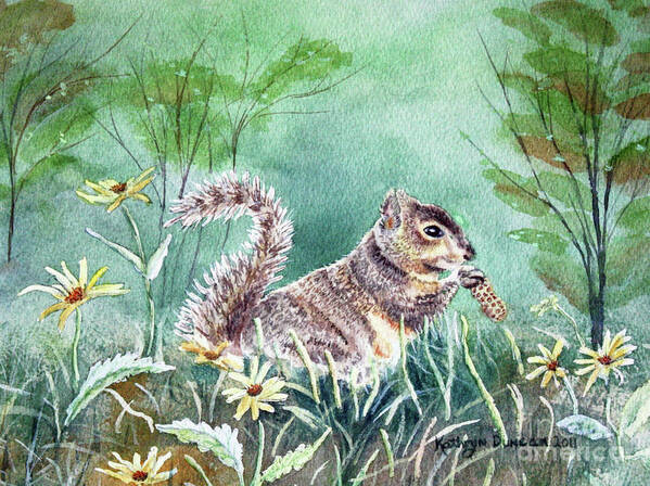 Squirrel Art Print featuring the painting Squirrel and Peanut by Kathryn Duncan