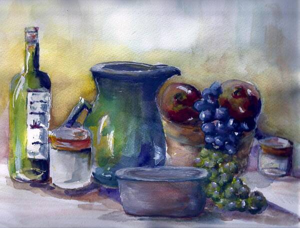 Wine Art Print featuring the painting Still Life Wine and Grapes by Bernadette Krupa