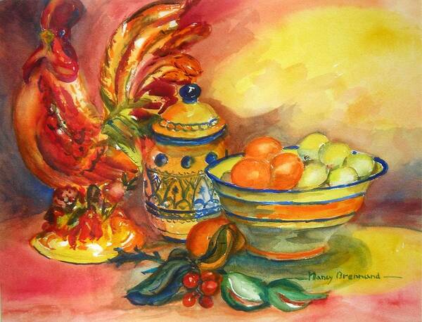 Still Life Art Print featuring the painting Still Life with Rooster by Nancy Brennand
