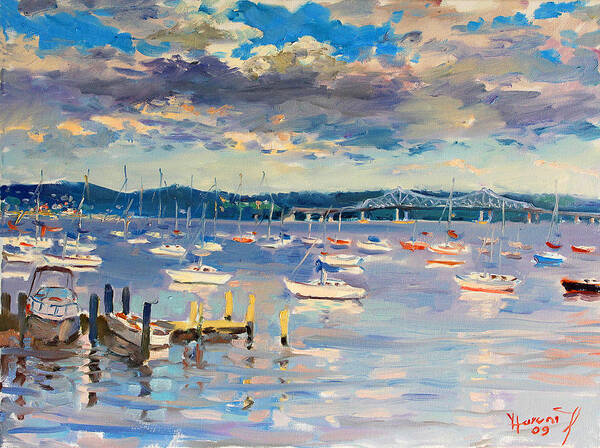 Hudson River Art Print featuring the painting Sun and Clouds in Hudson by Ylli Haruni