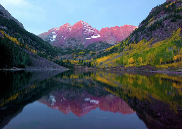 Mountains Art Print featuring the photograph Sunrise at Maroon bells by Carolyn D'Alessandro