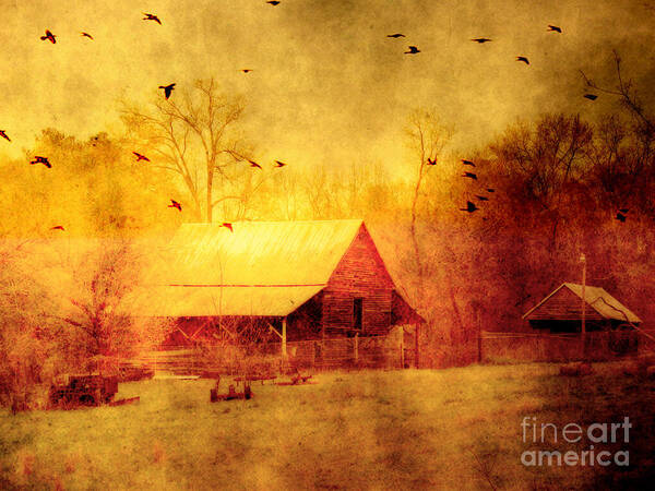 Red Barn Art Print featuring the photograph Surreal Red Yellow Barn With Ravens Landscape by Kathy Fornal