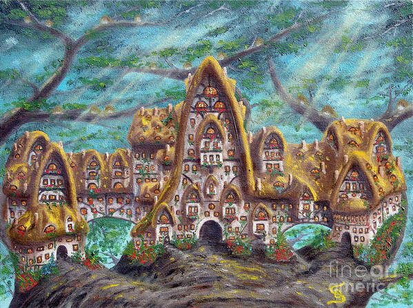 Tinny Cottages Bunched Together Art Print featuring the painting The Big Straddle House from Arboregal-The Lorn Tree Book by Dumitru Sandru