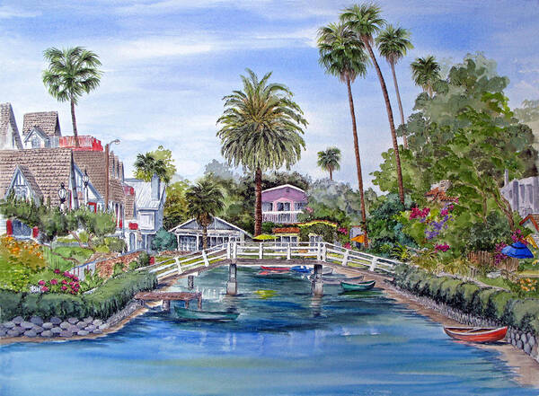 Venice Canals Art Print featuring the painting Venice Canals in Southern California by Bonnie Sue Schwartz