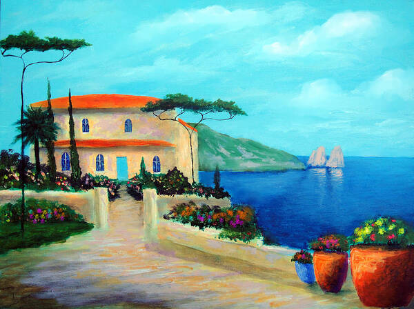 Villa Of Amalfi Art Print featuring the painting Villa Of Amalfi by Larry Cirigliano