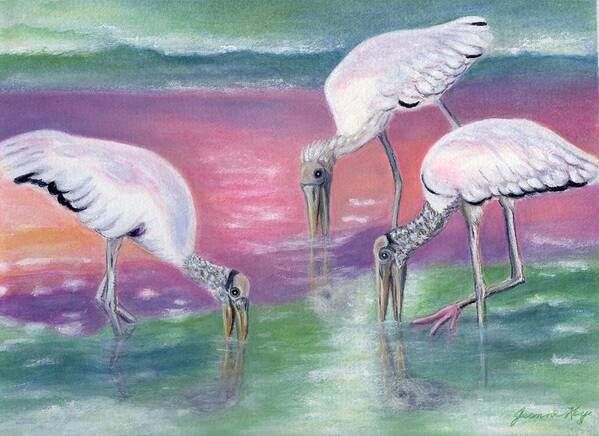 Wood Storks Art Print featuring the painting Wood Stork Family at Sunset by Jeanne Juhos