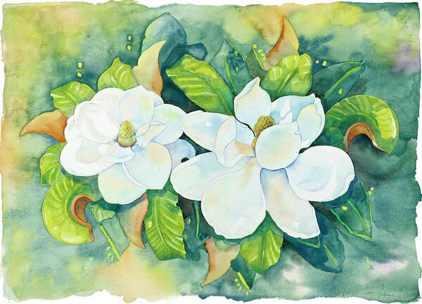 Magnolias Art Print featuring the painting Magnolias #1 by Cathy Locke