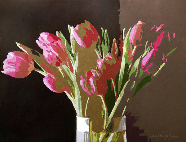 Florals Art Print featuring the painting Pink Tulips in Glass by David Lloyd Glover