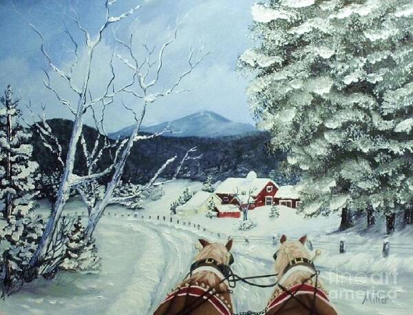 Snow Art Print featuring the painting Sleigh Ride #1 by Peggy Miller