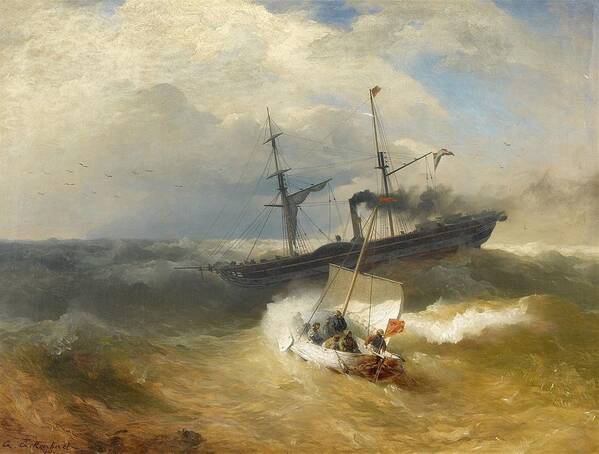 Andreas Achenbach Art Print featuring the painting Steam Ship and Sailing Boat in Rough Seas by Andreas Achenbach