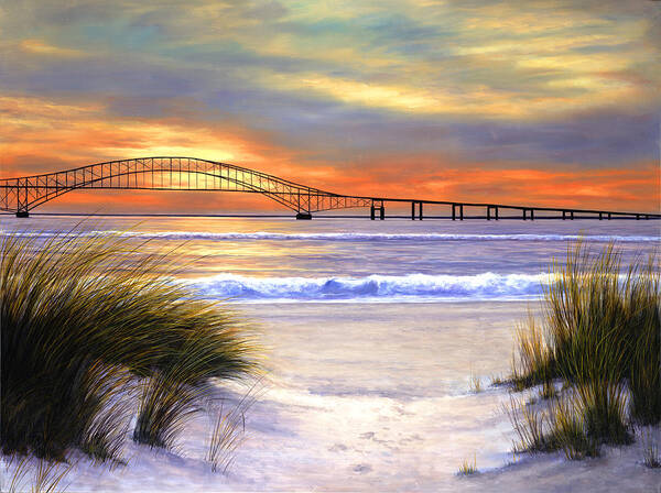 Robert Moses Bridge Art Print featuring the painting Sunset Over Robert Moses #1 by Diane Romanello