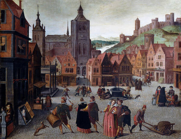 Attributed To Abel Grimmer Art Print featuring the painting The Marketplace in Bergen op Zoom #1 by Attributed to Abel Grimmer