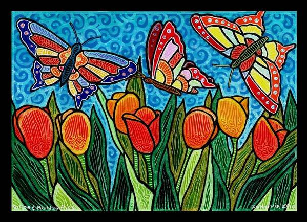 Butterflies Art Print featuring the painting Tulips and Butterflies #2 by Jim Harris