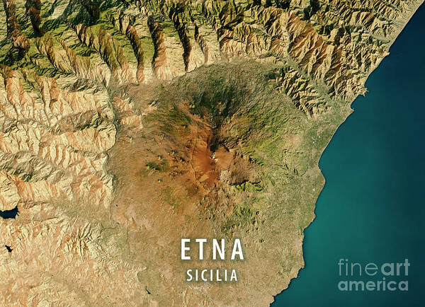 Mount Etna Art Print featuring the digital art Mount Etna 3D Render Satellite View Topographic Map #2 by Frank Ramspott