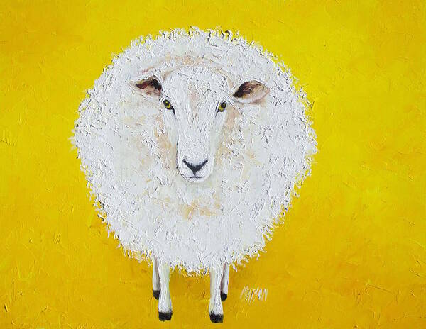 Sheep Art Print featuring the painting Sheep painting on yellow background #1 by Jan Matson