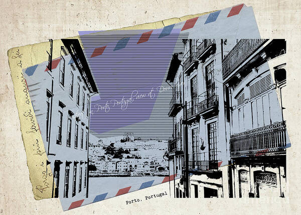 Porto Art Print featuring the digital art stylish retro postcard of Porto #4 by Ariadna De Raadt