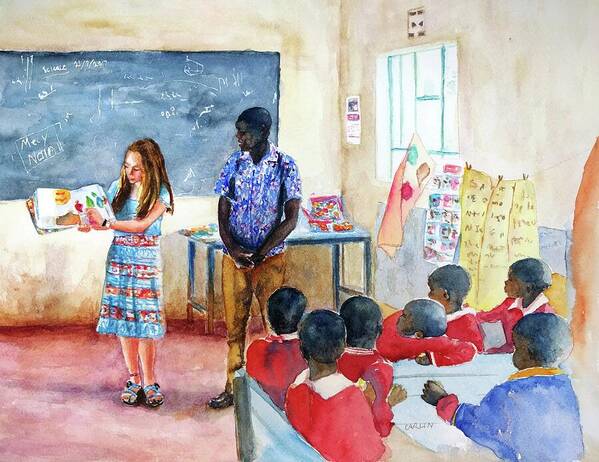 African Village Classroom Art Print featuring the painting A Classroom in Africa by Carlin Blahnik CarlinArtWatercolor