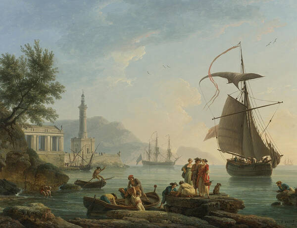 Claude Joseph Vernet Art Print featuring the painting A Mediterranean Harbor At Sunset With Fisherfolk At The Water's Edge by Celestial Images