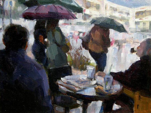 Urban Art Print featuring the painting A Rainy Day at Starbucks by Merle Keller