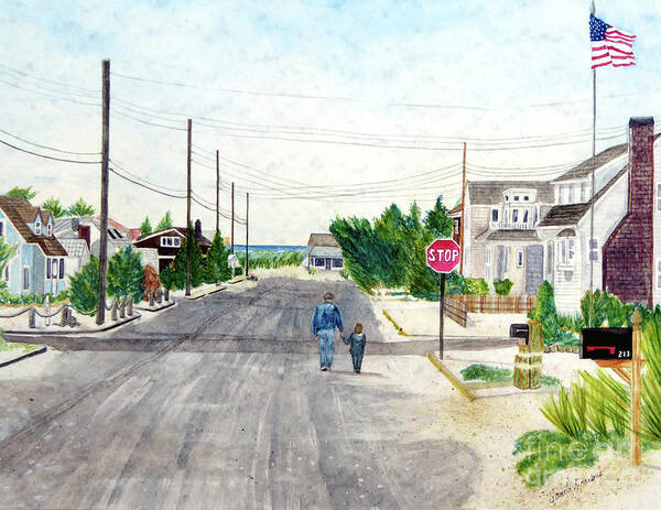 Long Beach Island Art Print featuring the painting A Walk with Grandpop, Long Beach Island, New Jersey by Pamela Parsons