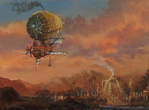 : Atlantis Art Print featuring the painting Airship Over Atlantis Steampunk Series by Tom Shropshire