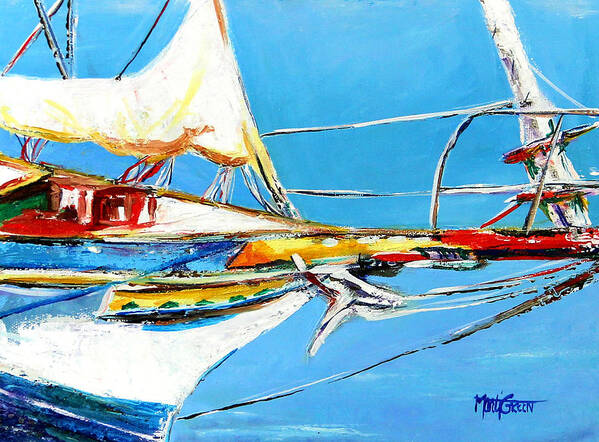 Boats Art Print featuring the painting Anchored 2 by Marti Green