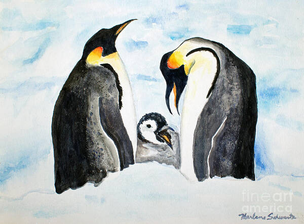 Penguin Art Print featuring the painting And Baby Makes Three by Marlene Schwartz Massey