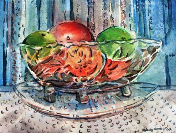 Apples Art Print featuring the painting Apples in a Glass Bowl by Mindy Newman