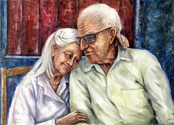 Old Couple Art Print featuring the painting At the end of the road by Katerina Kovatcheva