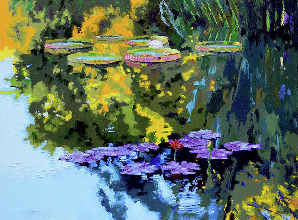 Garden Pond Art Print featuring the painting Autumn Reflections on the Pond by John Lautermilch