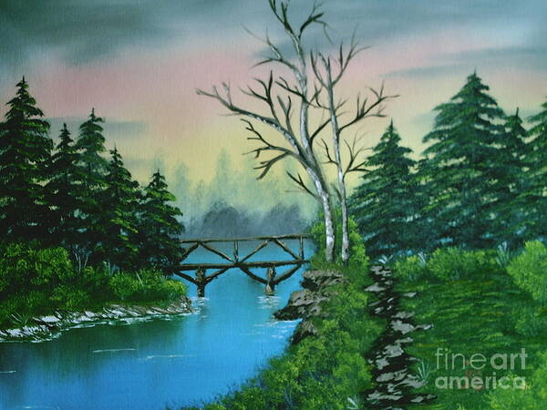 Landscape Art Print featuring the painting Back Woods Bridge by Jim Saltis