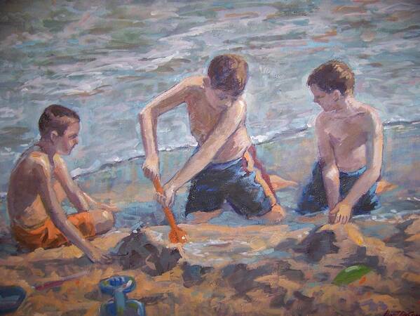Kids Playing With Sand On Florida Beach. Art Print featuring the painting Beach kids by Bart DeCeglie