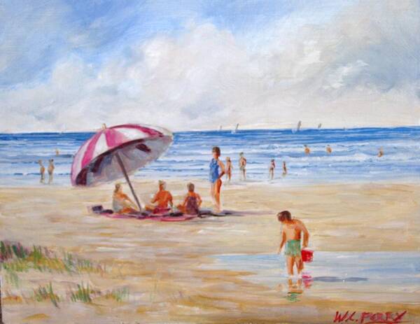 Beach Art Print featuring the painting Beach with umbrella by Perry's Fine Art