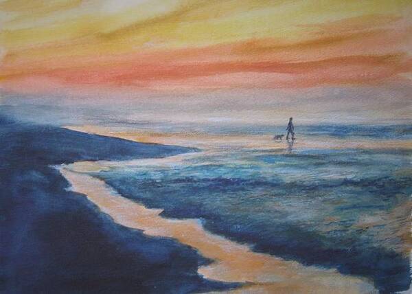 Sunset Art Print featuring the painting Beachwalker by Bobby Walters