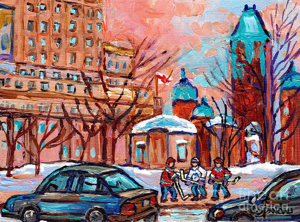 Downtown Montreal Art Print featuring the painting Beautiful Winter Day Downtown Montreal Dominion Square Hockey Art Canadian Scene Carole Spandau   by Carole Spandau