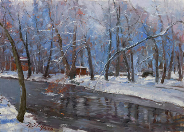 Winter Art Print featuring the painting Beautiful Winter, Volorek River, Albania by Sefedin Stafa
