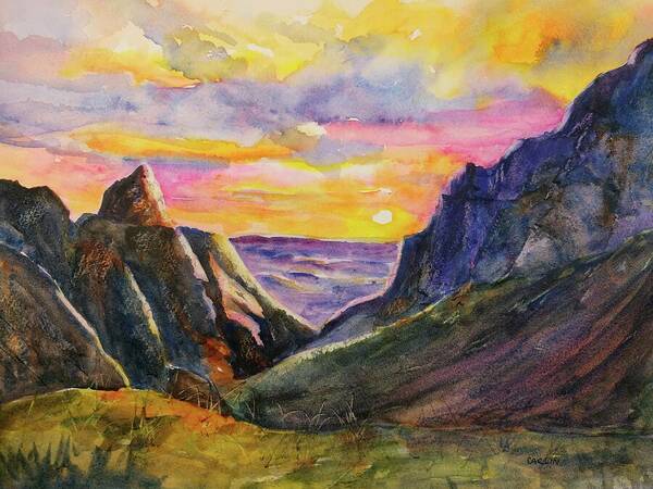 Big Bend Art Print featuring the painting Big Bend Texas Window Trail Sunset by Carlin Blahnik CarlinArtWatercolor