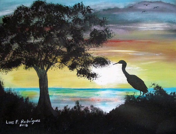 Bird Art Print featuring the painting Bird During Sunset by Luis F Rodriguez